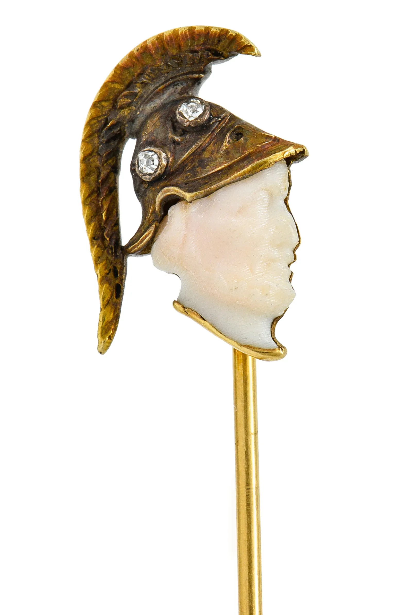 Victorian Carved Hardstone Diamond 18 Karat Gold Hellenistic Warrior Stickpin