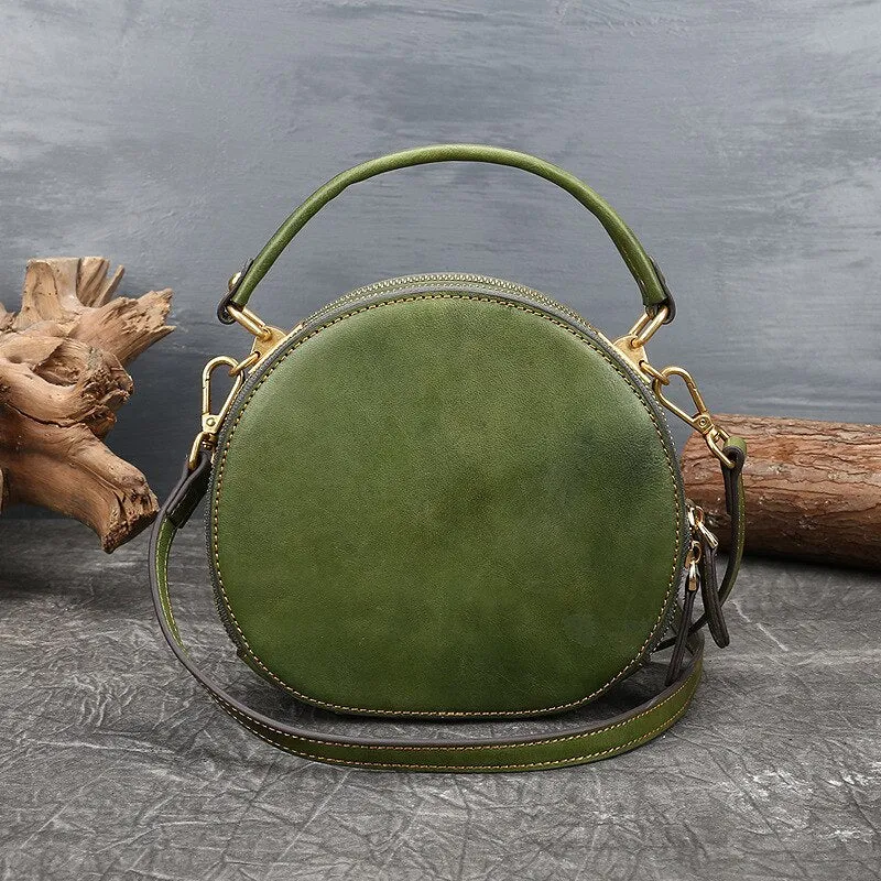 Women's Genuine Leather Retro Small Round Diagonal Shoulder Handbag