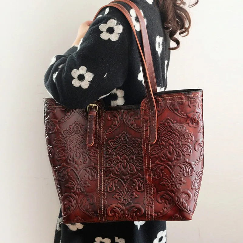 Women's Handmade Vegetable Tanned Leather Flowers Embossed Handbag