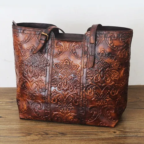 Women's Handmade Vegetable Tanned Leather Flowers Embossed Handbag