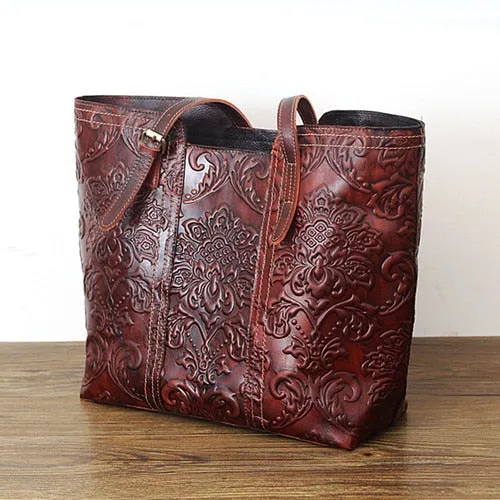 Women's Handmade Vegetable Tanned Leather Flowers Embossed Handbag