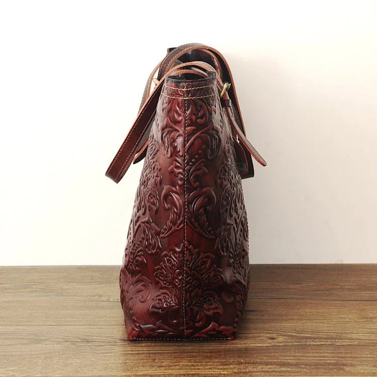 Women's Handmade Vegetable Tanned Leather Flowers Embossed Handbag