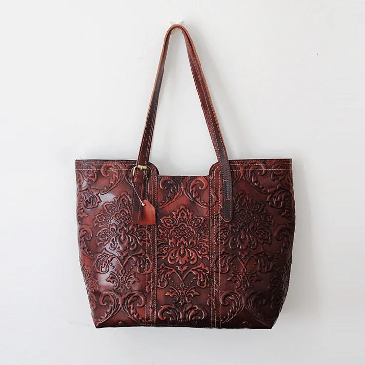 Women's Handmade Vegetable Tanned Leather Flowers Embossed Handbag