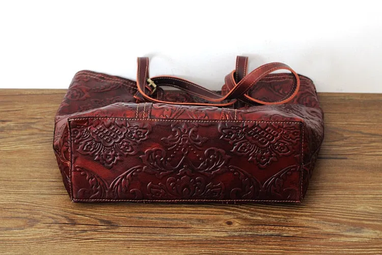 Women's Handmade Vegetable Tanned Leather Flowers Embossed Handbag