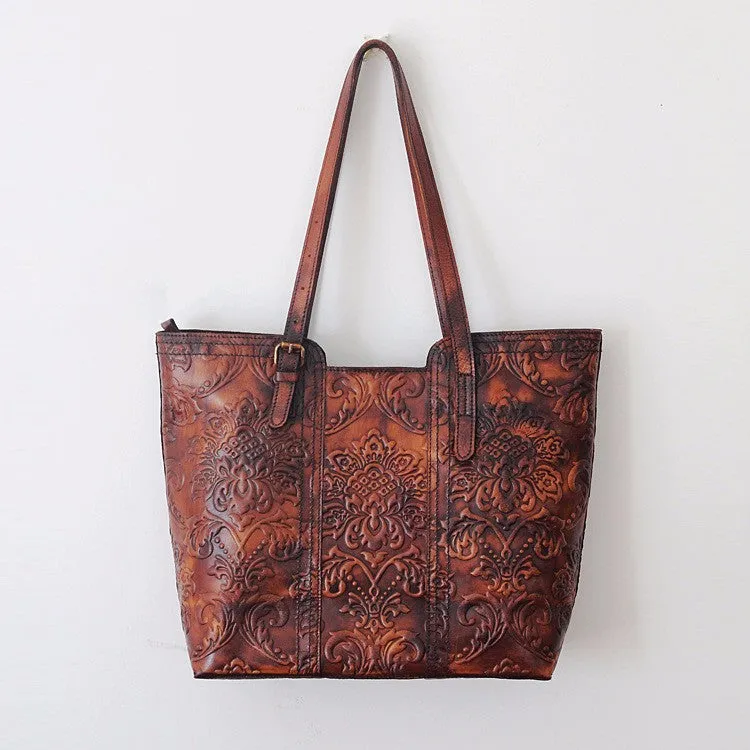 Women's Handmade Vegetable Tanned Leather Flowers Embossed Handbag